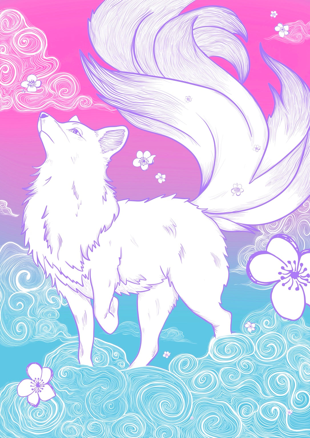 Sakura Skies Kitsune Art Print