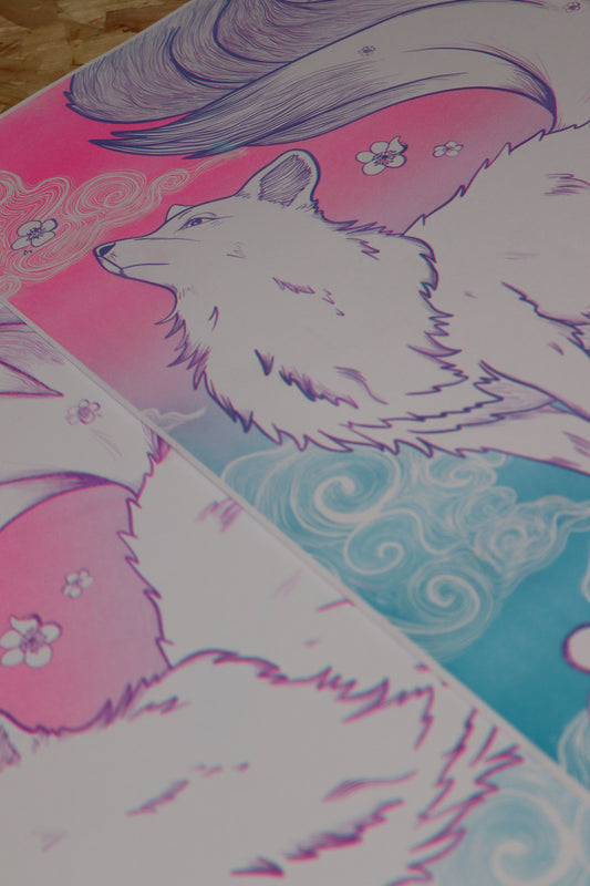 Sakura Skies Kitsune Risograph Print