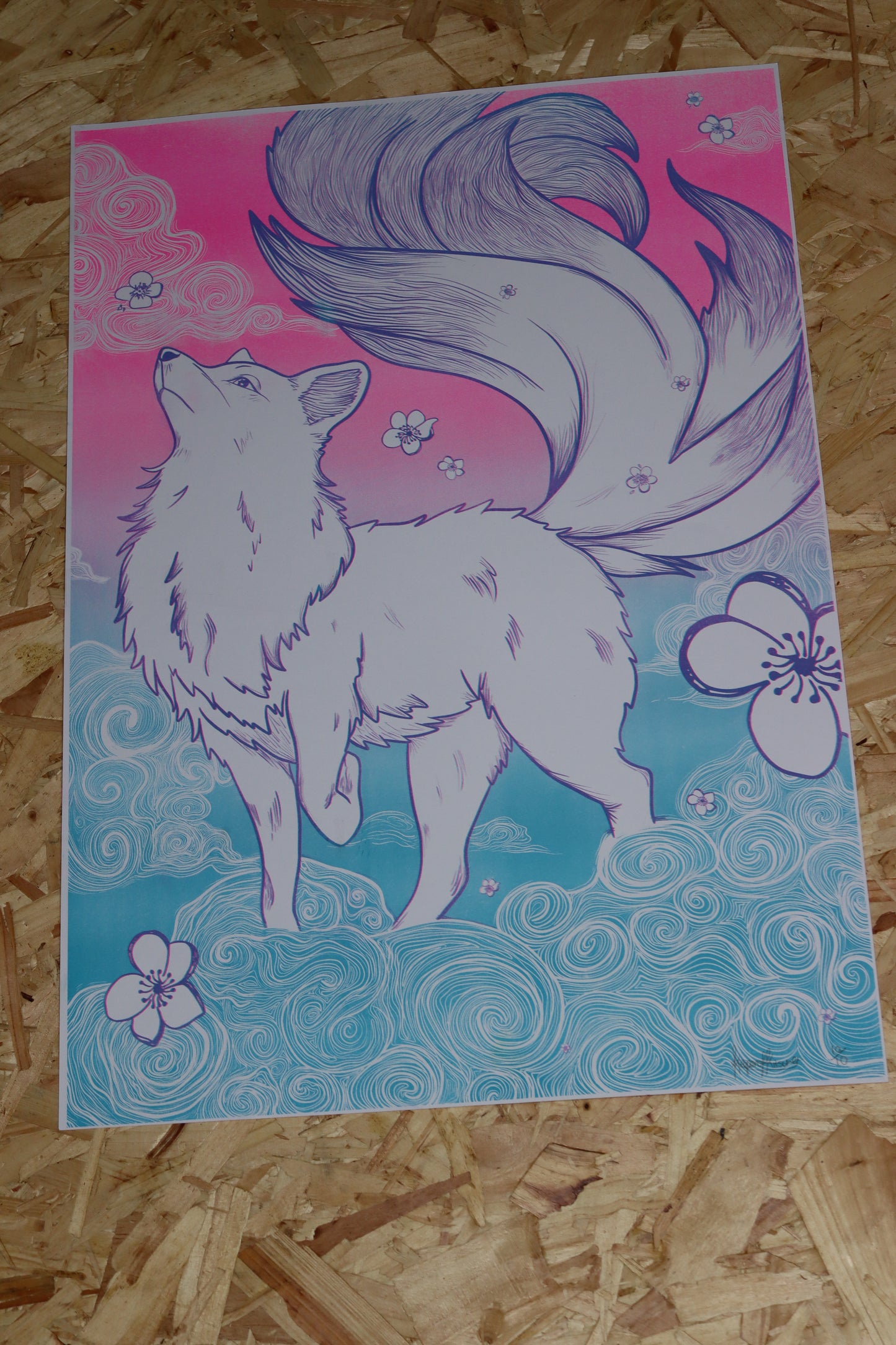 Sakura Skies Kitsune Risograph Print